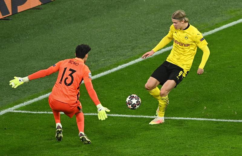 Borussia Dortmund's Erling Braut Haaland scores their second goal before it was disallowed following a VAR review. Reuters