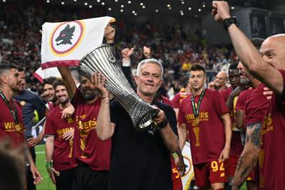 Roma coach Jose Mourinho after his team won the Europa Conference League final against Feyenoord on May 25, 2022. AFP