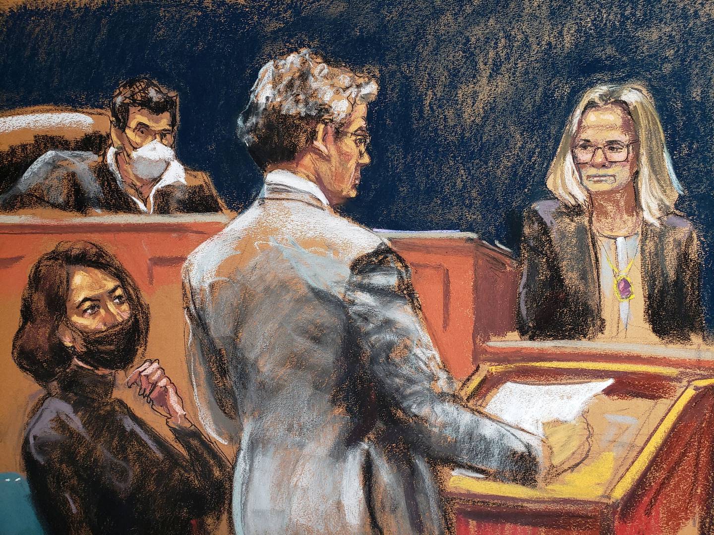 Witness Eva Andersson is questioned by defence lawyer Jeffrey Pagliuca during the trial of Ghislaine Maxwell, the Jeffrey Epstein associate accused of sex trafficking, in a courtroom sketch in New York City. Reuters