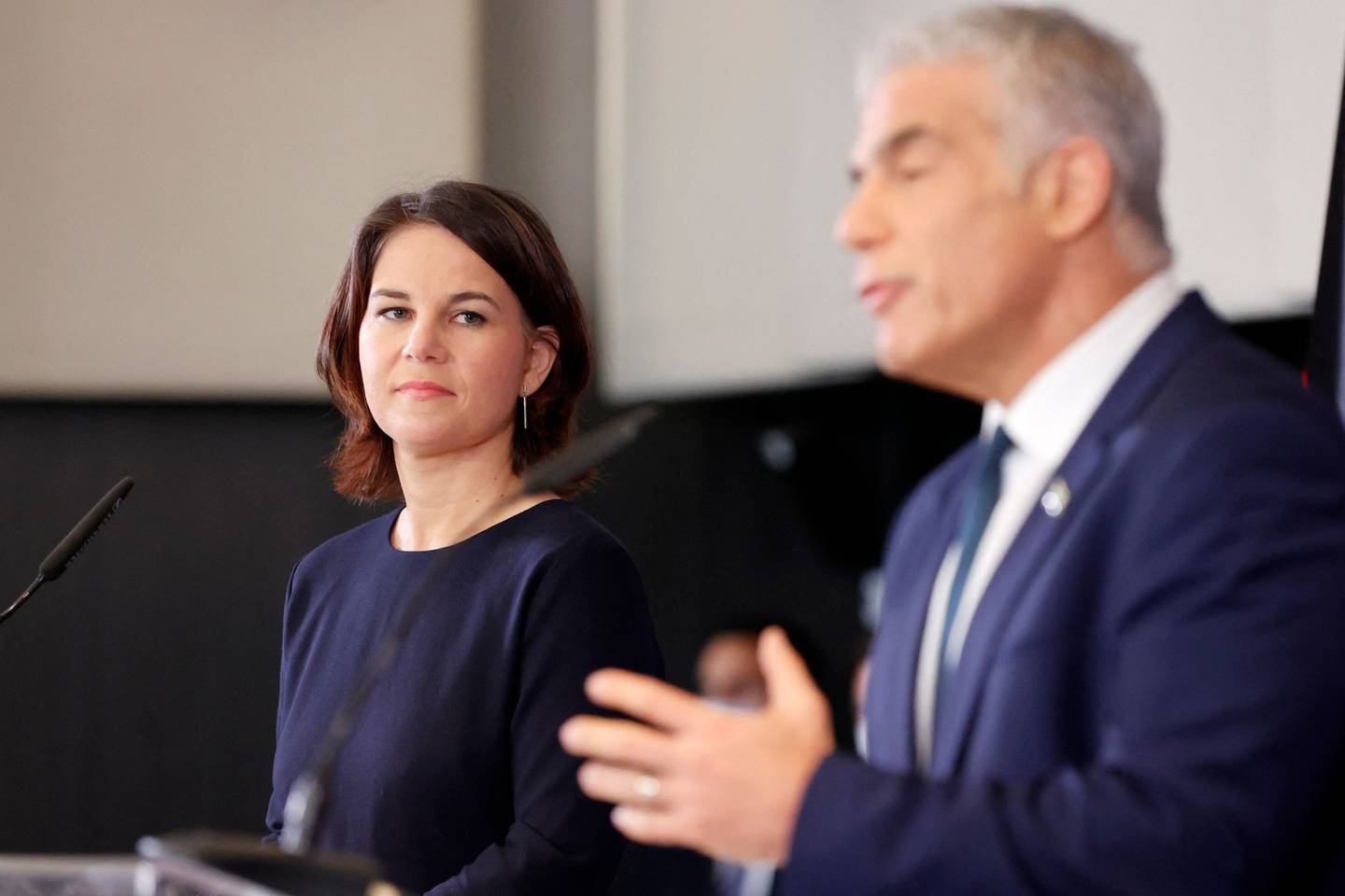 German Foreign Minister Annalena Baerbock and her Israeli counterpart Yair Lapid give a joint press conference in Tel Aviv. AFP 