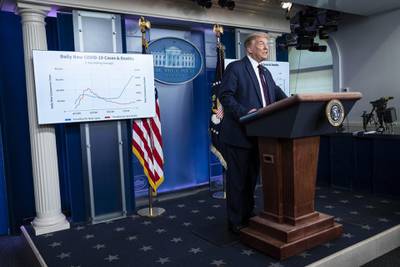 U.S. President Donald Trump speaks during a news conference in the James S. Brady Press Briefing Room at the White House in Washington, D.C., U.S. on Tuesday, July 21, 2020. Republicans crafting their own plan for a new U.S. virus-relief bill are broadly endorsing a fresh round of stimulus checks to individuals, extended supplemental jobless benefits and more money for testing while voicing doubts over Trump's desired payroll tax cut. Photographer: Sarah Silbiger/UPI/Bloomberg