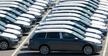 Volkswagen cars stand at a parking area at a plant belonging to German manufacturer Volkswagen, which plans to slowly restart production. Private-sector activity in the country plunged to just 17.1 in April from 35.0 in March. AP 