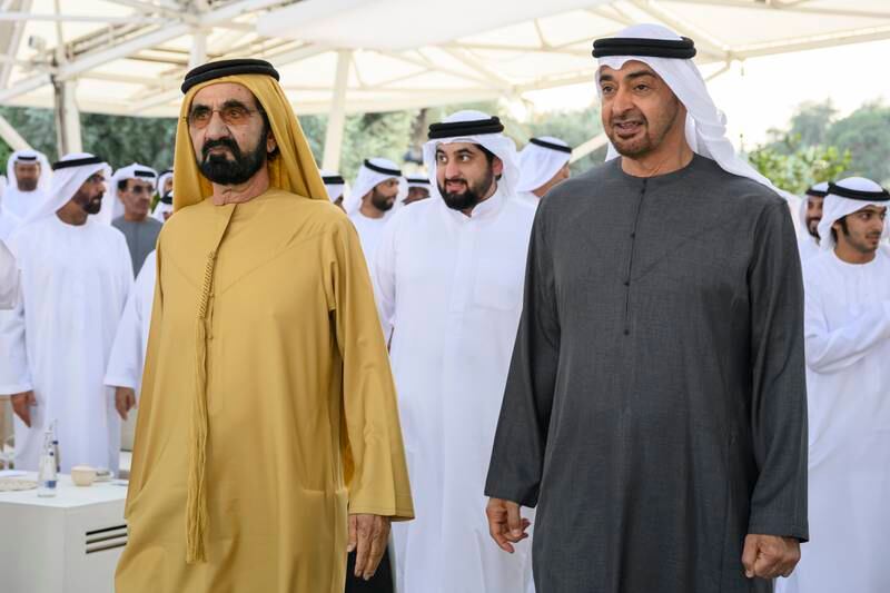 President Sheikh Mohamed is received by Sheikh Mohammed bin Rashid, Vice President and Ruler of Dubai