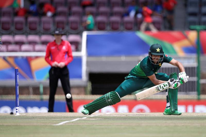 Pakistan's Haider Ali plays a shot during the semi-final of the ICC Under-19 cricket World Cup between India and Pakistan at the Senwes Park in Potchefstroom on February 4, 2020. (Photo by Wikus DE WET / AFP)