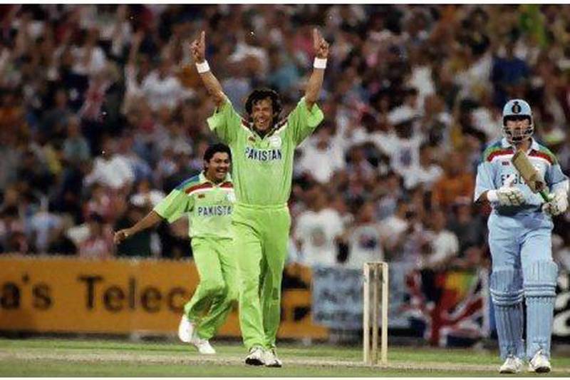 Pakistan's Imran Khan celebrates after taking the wicket of England's Richard Illingworth to win the 1992 Cricket World Cup. Joe Mann / Allsport