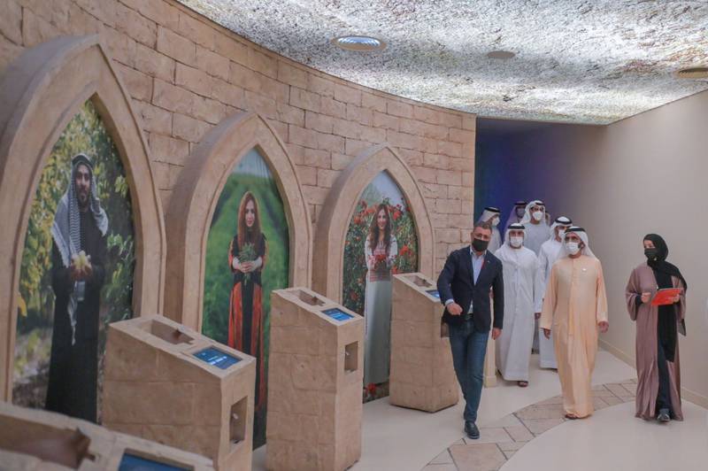 Sheikh Mohammed bin Rashid, Vice President and Ruler of Dubai, is given a tour of the Palestine pavilion at Expo 2020 Dubai. It showcases Palestine's potential to generate sufficient and sustainable energy.