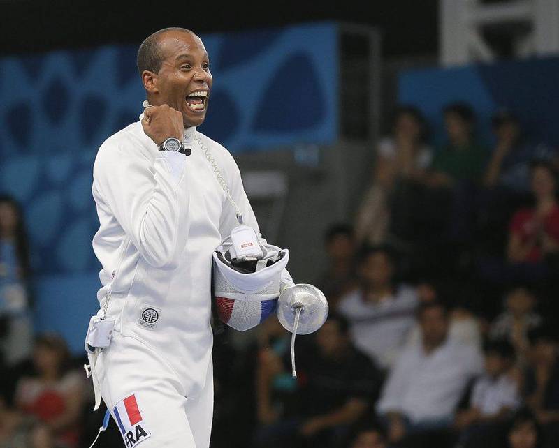 Ivan Trevejo of France reacts as he won against Sergey Khodos of Russian during the Fencing Men's Team Epee gold medal match at the 2015 European Games in Baku, Azerbaijan, 27 June 2015. EPA/SERGEY DOLZHENKO