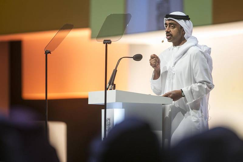 Sheikh Abdullah bin Zayed, Minister for Foreign Affairs and International Cooperation, speaks at the Mohammed bin Zayed Majlis for Future Generations. Mona Al Marzooqi / The National