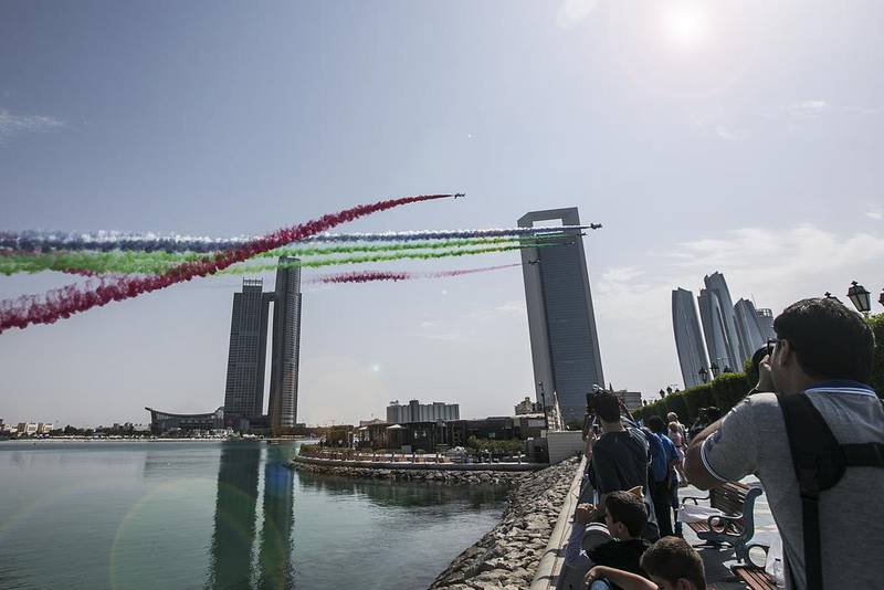 Al Fursan (The Knights), the United Arab Emirates Air Force aerobatic display team takes part in the Red Bull Air Race on Feburary 10, 2017, in Abu DhabiMona Al Marzooqi / The National