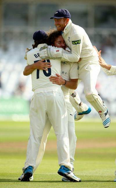 Ryan Sidebottom of Yorkshire celebrates taking the wicket of Steven Mullaney of Nottinghamshire during the third day of their county match on Thursday. Sidebottom took nine wickets at a cost of only 65 runs in total in the match. Richard Heathcote / Getty Images