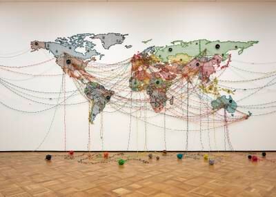 Woven Chronicle (2011-2023) is a wall drawing depicting the impact of humans on their environments. Photo: David Aebi