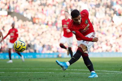 Manchester United's Andreas Pereira scores his side's first goal of the game during the Premier League match at Old Trafford, Manchester. PA Photo. Picture date: Sunday November 10, 2019. See PA story SOCCER Man Utd. Photo credit should read: Martin Rickett/PA Wire. RESTRICTIONS: EDITORIAL USE ONLY No use with unauthorised audio, video, data, fixture lists, club/league logos or "live" services. Online in-match use limited to 120 images, no video emulation. No use in betting, games or single club/league/player publications.