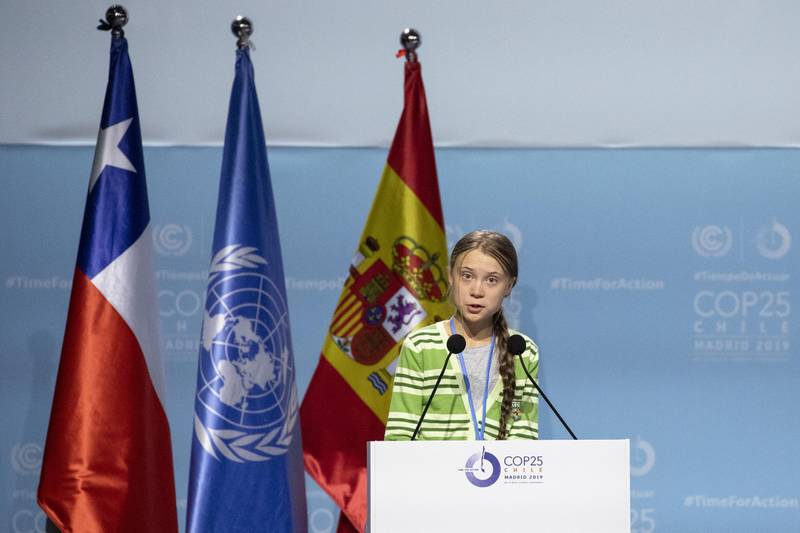 Swedish environment activist Greta Thunberg gives a speech at the plenary session during the COP25 Climate Conference on December 11, 2019 in Madrid, Spain. Getty Images