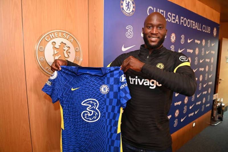 Romelu Lukaku in August 2021 after completing his move back to Chelsea. Getty