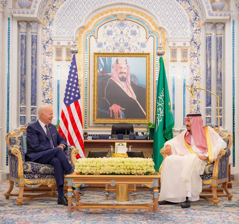 King Salman and US President Joe Biden in discussions at Al Salam Palace in Jeddah. Photo: @spagov