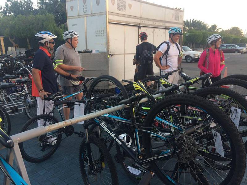 Bikes are stacked and ready to go as cyclists from Total get ready to cycle to work. Mona Al Marzooqi / The National