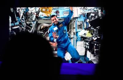 UAE astronaut Sultan Al Neyadi held his first video chat from the International Space Station with the public at Dubai Opera in March. Pawan Singh / The National