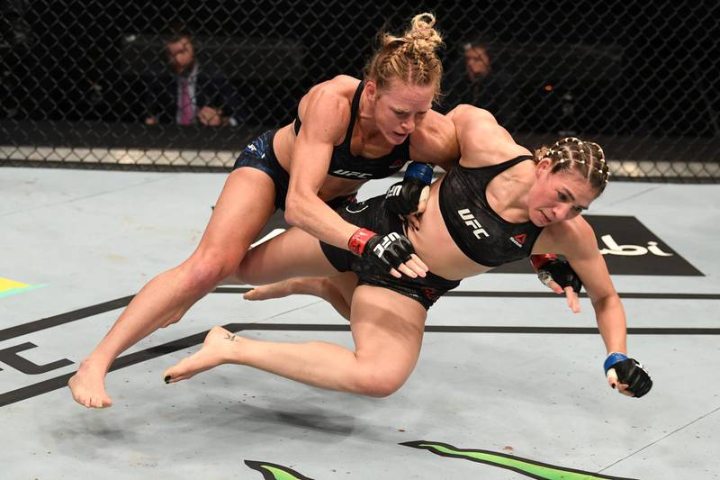 ABU DHABI, UNITED ARAB EMIRATES - OCTOBER 04:  (L-R) Holly Holm takes down Irene Aldana of Mexico in their women's bantamweight bout during the UFC Fight Night event inside Flash Forum on UFC Fight Island on October 04, 2020 in Abu Dhabi, United Arab Emirates. (Photo by Josh Hedges/Zuffa LLC)