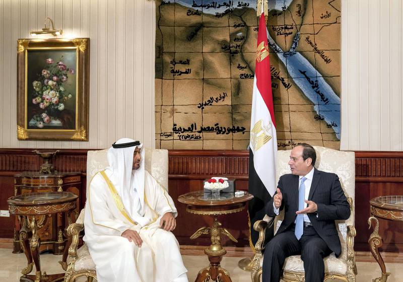 CAIRO, EGYPT - April 10, 2018: HH Sheikh Mohamed bin Zayed Al Nahyan Crown Prince of Abu Dhabi Deputy Supreme Commander of the UAE Armed Forces (L), meets with HE Abdel Fattah El Sisi, President of Egypt (R), at Cairo international Airport, commencing an official visit.

( Mohamed Al Hammadi / Crown Prince Court - Abu Dhabi )