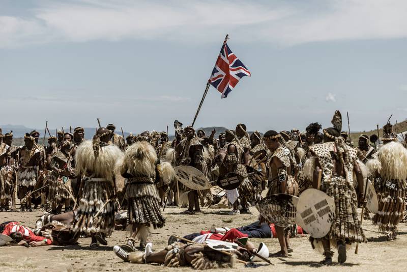Amabutho Zulu regiments during a reenactment of the Battle of Isandlwana, in Isandlwana, South Africa. AFP