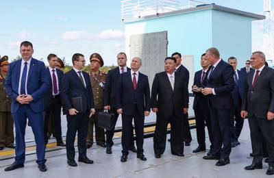 Mr Putin and Mr Kim during the visit to the Vostochny Cosmodrome. AFP