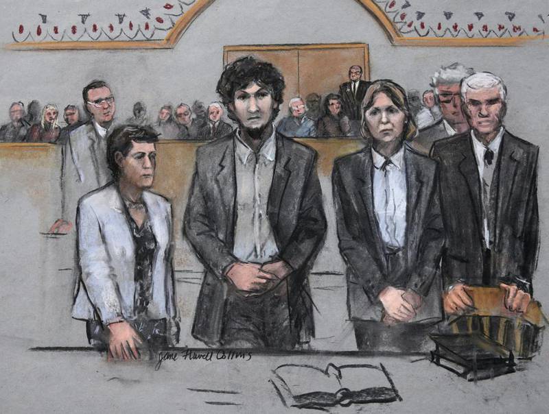 A sombre-looking Tsarnaev stood with his hands folded, his head slightly bowed, as he learned his fate, sealed after 14 hours of deliberations over three days. (Jane Flavell Collins via AP)