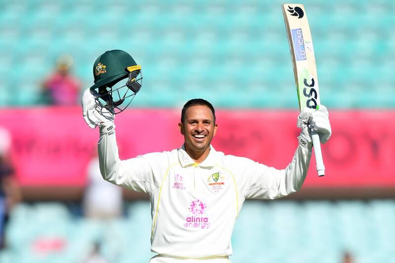 Usman Khawaja celebrates after making a century on day 4 of the fourth Ashes Test between Australia and England at the Sydney Cricket Ground. EPA