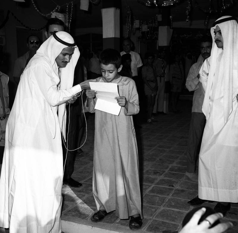 Sheikh Mohamed gives the opening speech at the open day for Al Kindi Primary School in Abu Dhabi in April 1971. Photo: National Archives