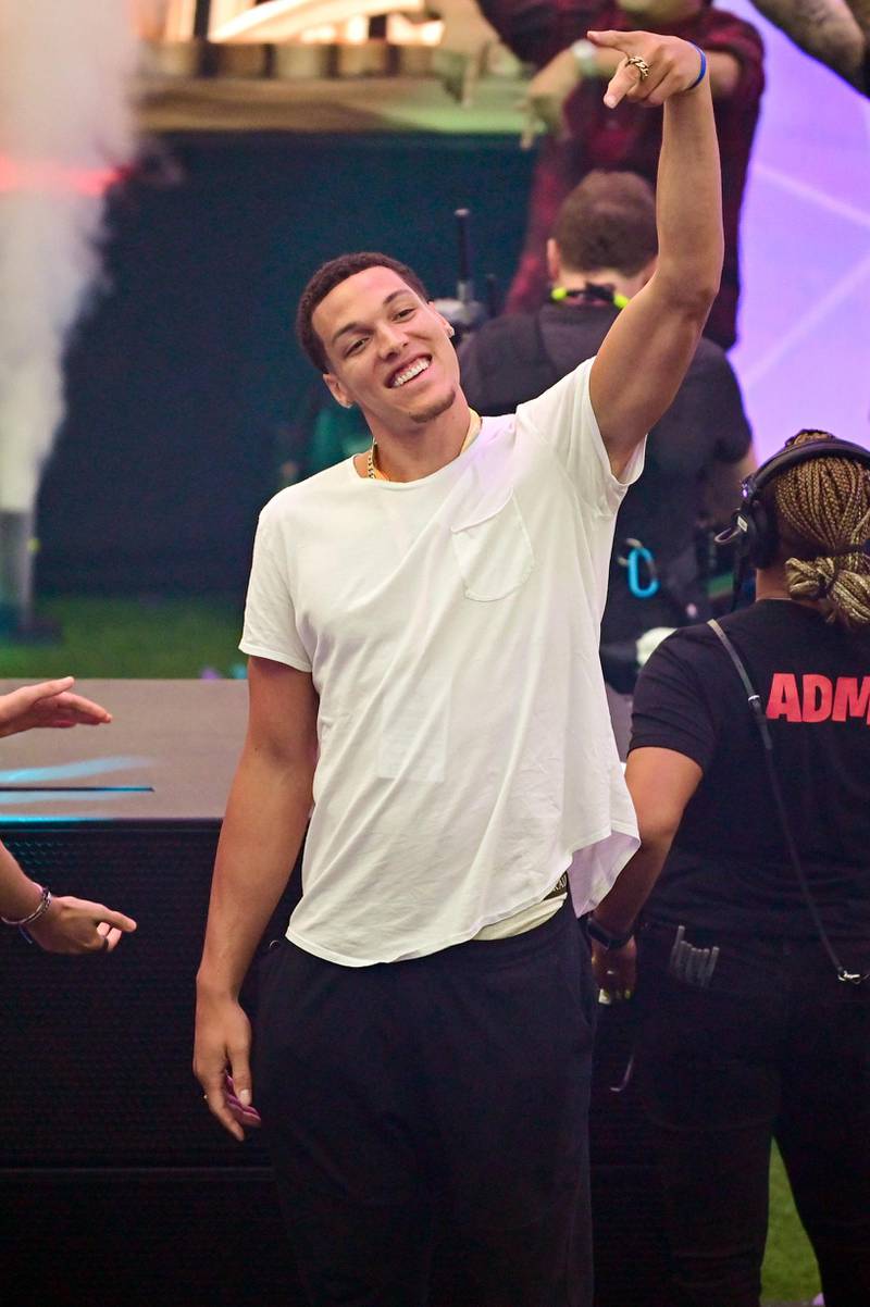 Orlando Magic forward Aaron Gordon reacts to fans prior to participating in the Pro-AM during the Fortnite World Cup Finals e-sports event at Arthur Ashe Stadium. USA TODAY Sports