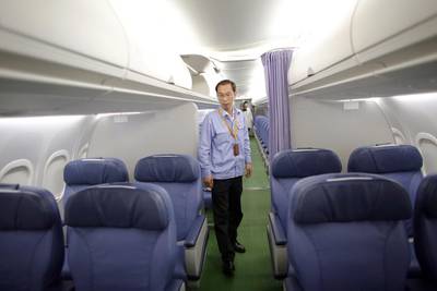 Inside an ARJ21-700 aircraft at the Comac factory in Shanghai. The ARJ21-700 can seat 78 to 90 passengers depending on its configuration with a range of between 2,225 to 3,700 kilometres. Carlos Barria / Reuters