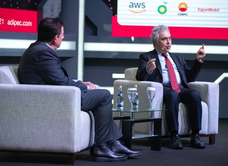 Dr Fatih Birol, left, executive director of International Energy Agency, and John Defterios, Professor of Business at NYU Abu Dhabi attend an Adipec session.