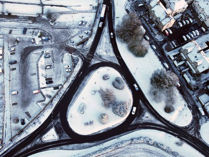Snow covers a roundabout in Corbridge, near Hexham in Northumberland. PA