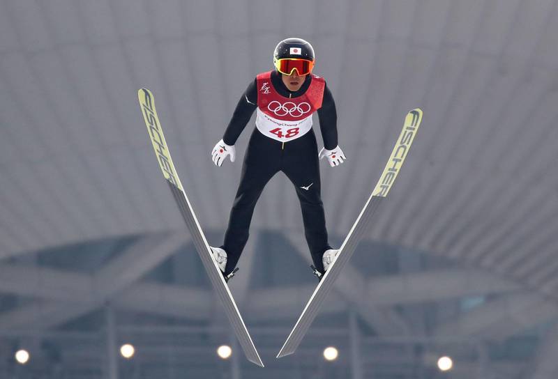 Japan's Akito Watabe competes in the nordic combined men's individual NH/10km jumping trial round at the Alpensia ski jump centre during the Pyeongchang 2018 Winter Olympic Games. Odd Andersen / AFP
