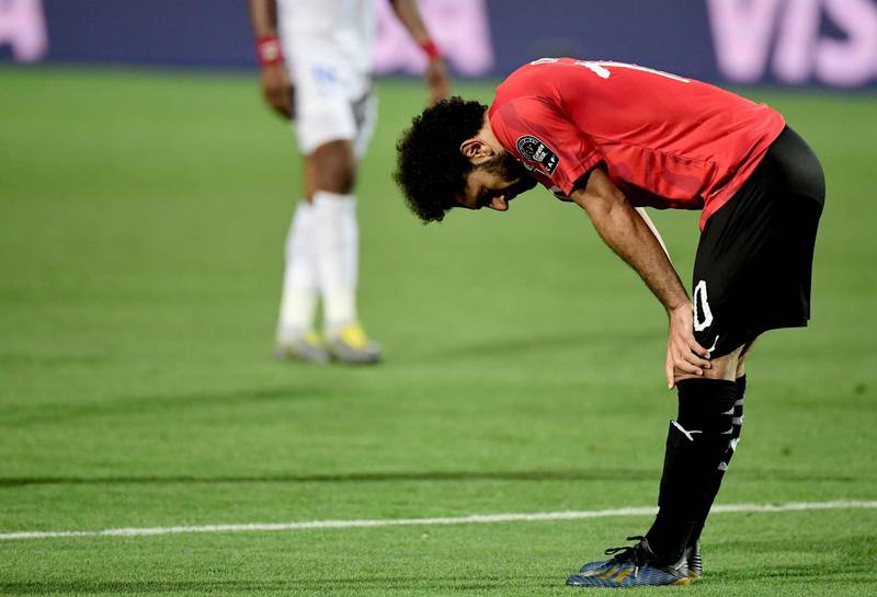 Egypt forward Mohamed Salah takes a breather during the match against DR Congo. AFP