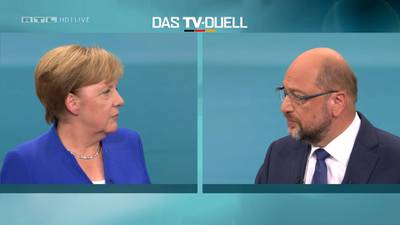 A screen that shows the TV debate between German Chancellor Angela Merkel of the Christian Democratic Union (CDU) and her challenger Germany's Social Democratic Party SPD candidate for chancellor Martin Schulz in Berlin, Germany, September 3, 2017. German voters will take to the polls in a general election on September 24.  Mediengruppe RTL Deutschland (MG RTL D)/Handout via REUTERS     ATTENTION EDITORS - THIS IMAGE WAS PROVIDED BY A THIRD PARTY. NO RESALES. NO ARCHIVE.