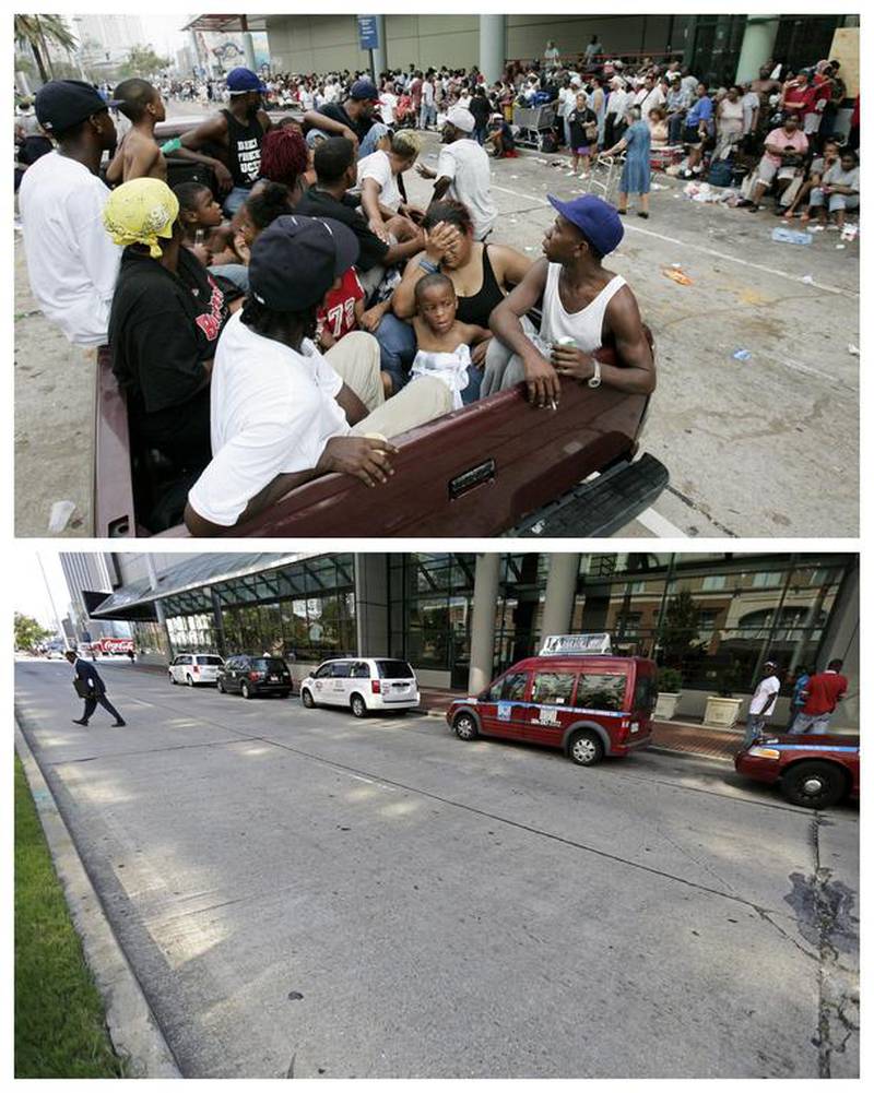 Flood survivors in a pick-up truck as hundreds of others wait to be evacuated at the Ernest N Morial Convention Center in New Orleans in the aftermath of Hurricane Katrina, and the same site a decade later.