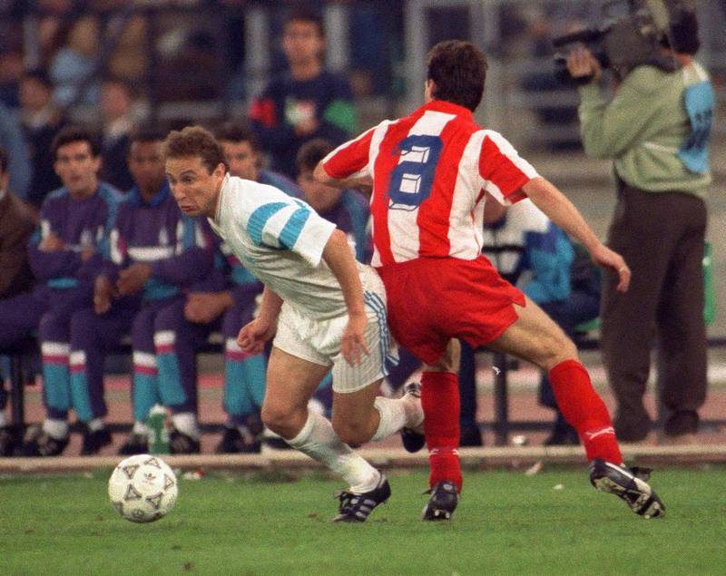 Red Star Belgrade v Marseille 29/5/91 Champions League final Pic : Action Images  / ReutersMarseille's Jean Pierre Papin takes on Belgrade's Najdoski