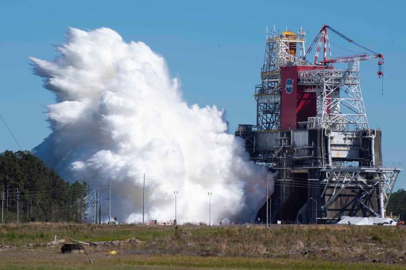 The second hot fire test of the core stage of a Boeing-built rocket for Artemis missions, that aim to return US astronauts to the moon by 2024, is seen at Nasa’s Stennis Space Center near Bay St. Louis, Mississippi, March 18, 2021. Nasa/Reuters
