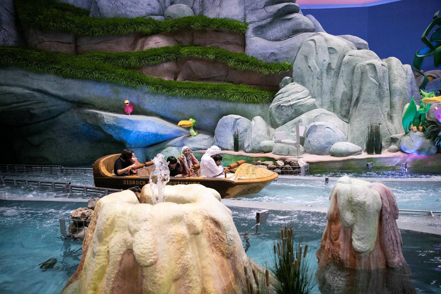 ABU DHABI, UNITED ARAB EMIRATES - JULY 24, 2018. The Flintstones Bedrock River Adventure at Bedrock land in Warner Bros World Abu Dhabi.Almost 15,000 tickets for Warner Bros World Abu Dhabi have been sold ahead of opening to the public on Wednesday.(Photo by Reem Mohammed/The National)Reporter: Section: NA + AL