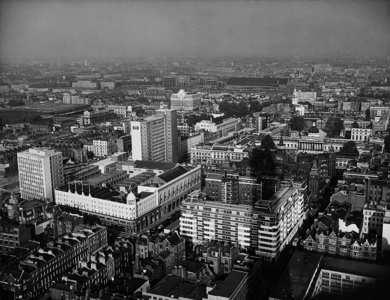A view over Bloomsbury from the top of the Post Office Tower (BT Tower) in London, looking towards St Pancras and King's Cross Station, circa 1965. (Photo by Fox Photos/Hulton Archive/Getty Images)