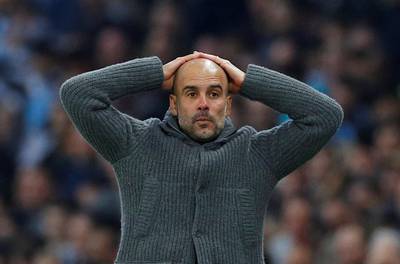 Manchester City manager Pep Guardiola reacts after Raheem Sterling's goal is ruled out for offside. Reuters