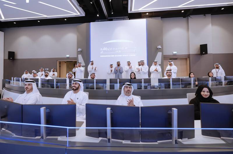 Sunday's event, the first Arab lunar mission, is watched here by Sheikh Mohammed, Sheikh Hamdan and Sheikh Maktoum at MBR Space Centre. Photo: Dubai Media Office