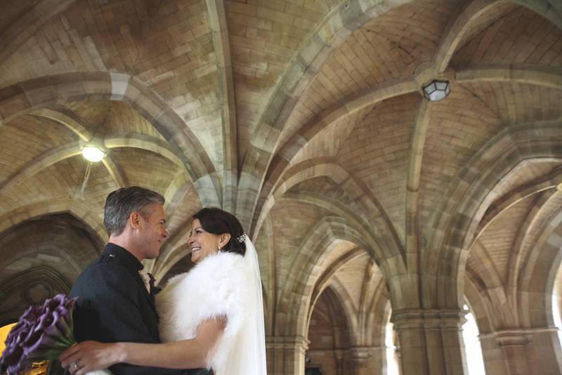 Dubai residents Krysia and Stuart McKechnie on their wedding day in November 2013 at Glasgow's University Chapel. The couple paid for the majority of the event themselves using their savings. Courtesy Krysia and Stuart McKechnie