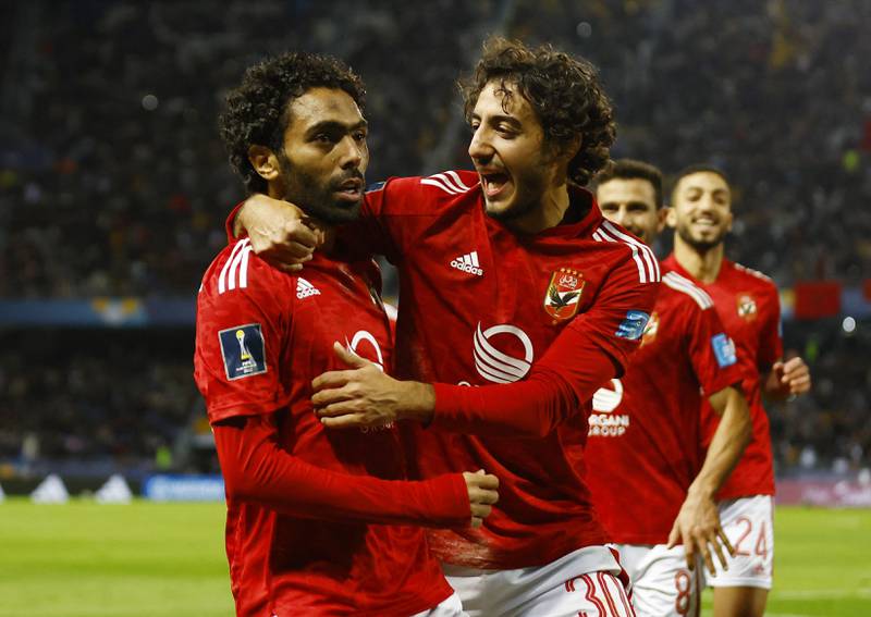 Hussein El-Shahat celebrates with Mohamed Hany after scoring Al Ahly's first goal. Reuters
