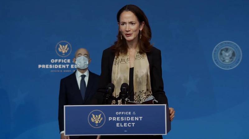 epa08839739 A frame grab from a handout video released by the Office of the President Elect shows Avril Haines, Biden's pick for director of national intelligence, during a press conference in Wilmington, Delaware, USA, 24 November 2020. US President-Elect Joseph R. Biden announced his cabinet picks for Foreign Policy and National Security posts.  EPA/OFFICE OF THE PRESIDENT ELECT /  HANDOUT EDITORIAL USE ONLY/NO SALES
