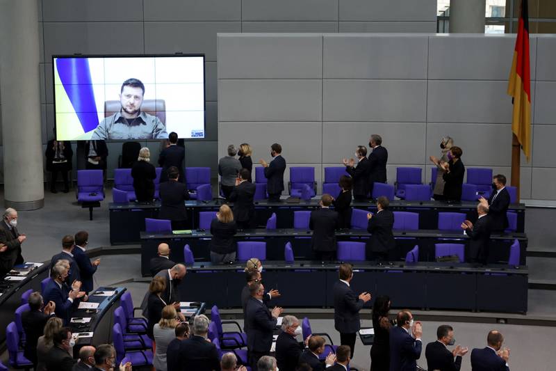 Legislators applaud Volodymyr Zelenskyy, Ukraine's president, after an address via video link at the Bundestag in Berlin. Bloomberg