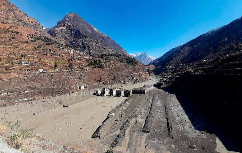 A view of the damaged Dhauliganga hydropower project at Reni village in the Chamoli district . AP