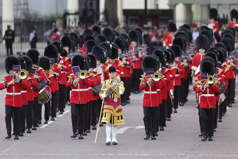 The Band of the Welsh Guards make their way to the Trooping the Colour event in London. AP