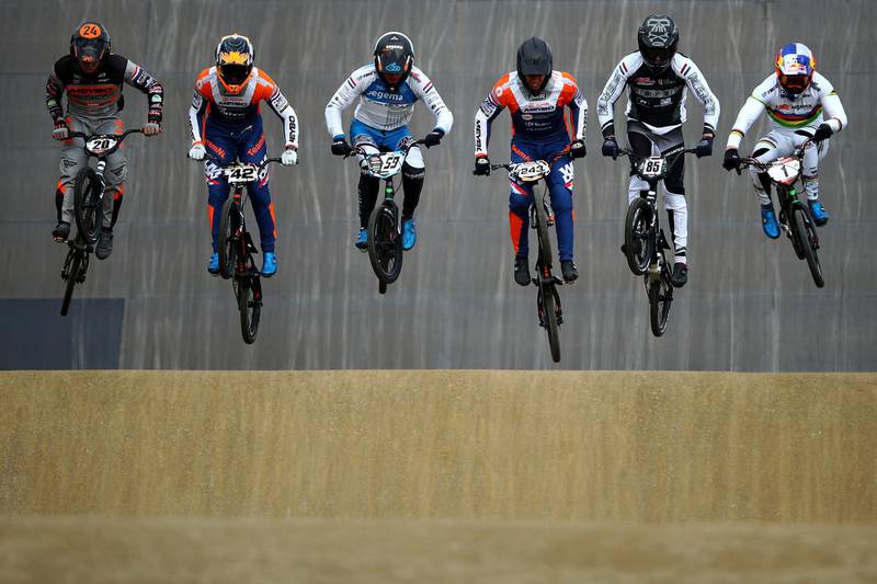 Left to right:  Pieter van Lankveld, Jay Schippers, Ynze Oegema, Justin Kimmann, Teun Kivit and Twan Van Gendt compete during the Dutch National BMX Championships at Olympic Training Centre Papendal, in Arnhem, Netherlands, on Sunday, October 11. Getty