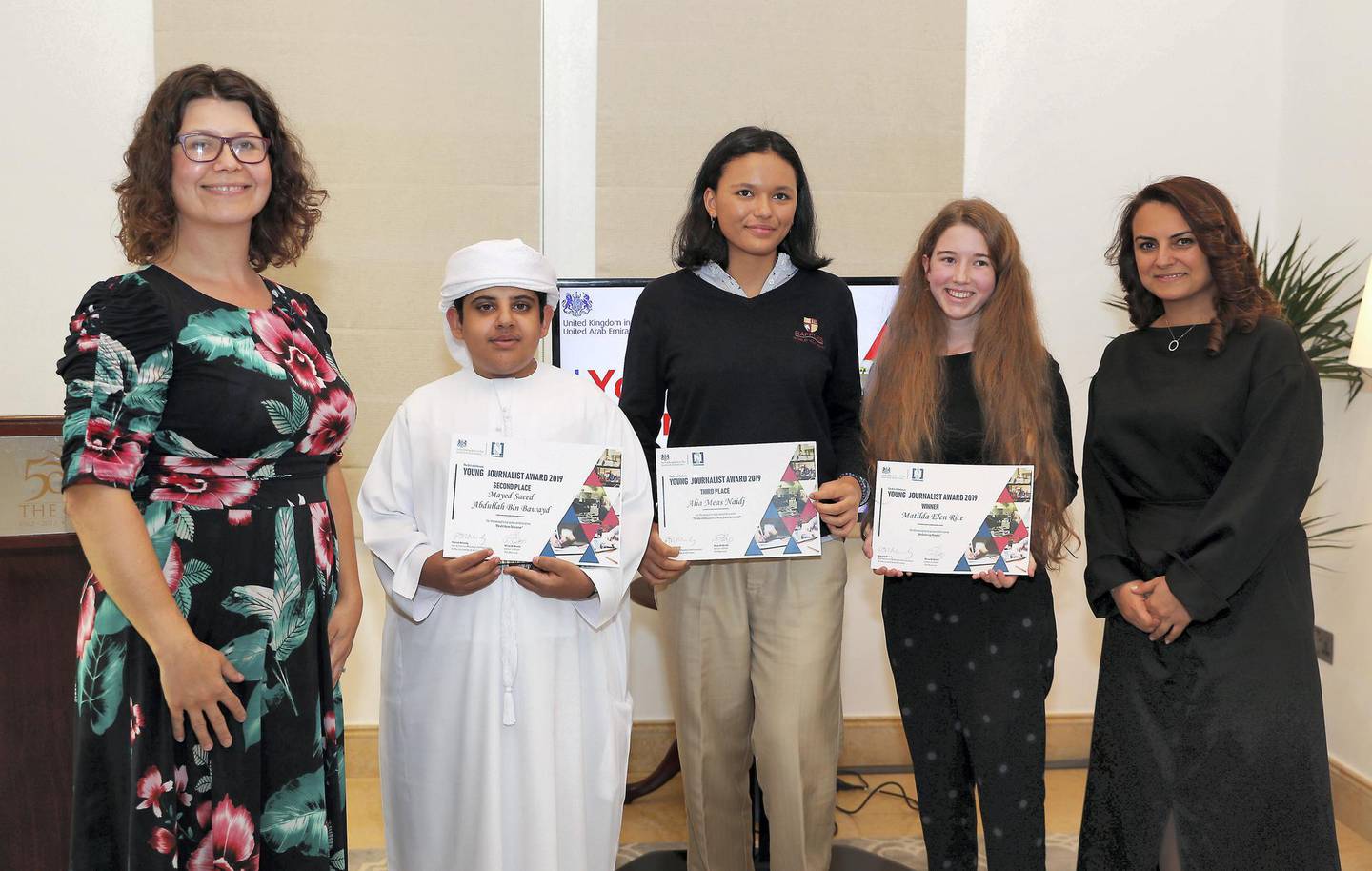 ABU DHABI , UNITED ARAB EMIRATES , Nov 18 – 2019 :- Left to Right - Sophia Brecknell, Deputy British Ambassador,  Mayed Saeed Abdullah Bin Bawayd (2nd winner), Alia Meas Naidj (3rd winner),  Matilda Elen Rice (1st winner) and Mina Al Oraibi , Editor in Chief, The National during the award ceremony of the British Embassy Young Journalist Award 2019 held at the residence of British Ambassador on Saadiyat Island in Abu Dhabi. ( Pawan Singh / The National )  For News. Story by Nick March